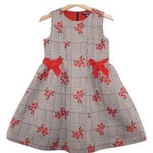 Brooks Brothers Floral Houndstooth Dress Girls Size 14 Red Bow Accent Holiday